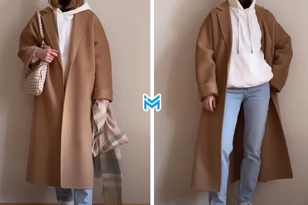 هودی کرم با پالتوی بلند